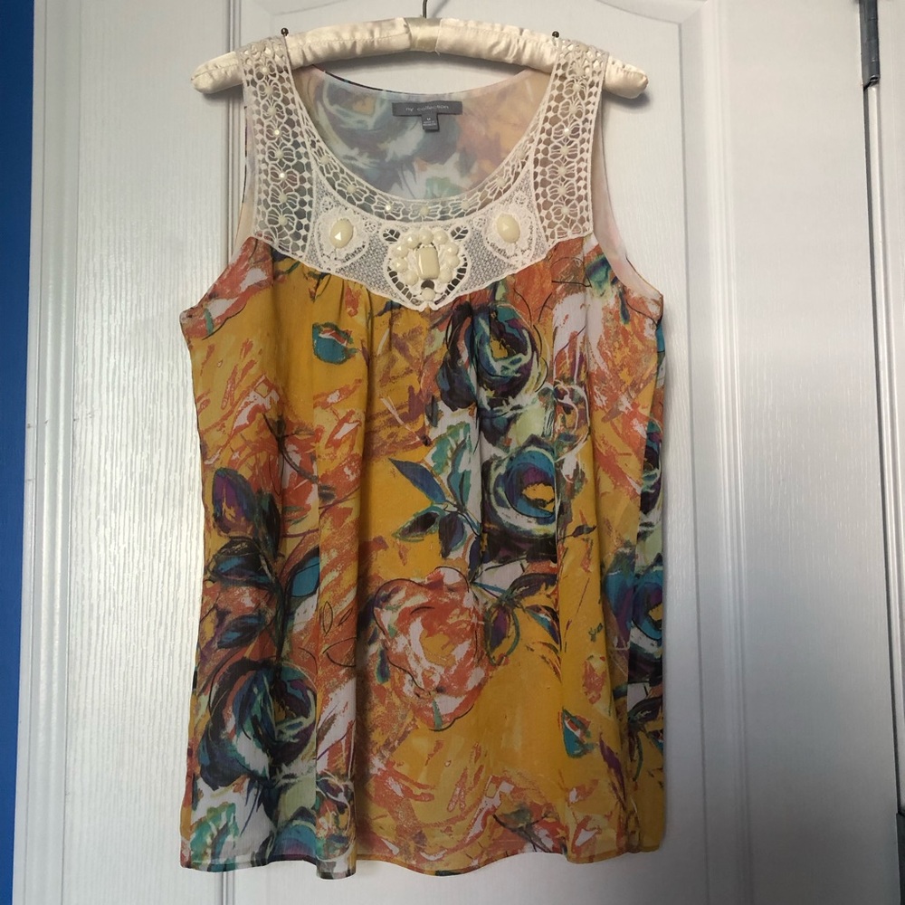 NY Collection Yellow Lace Jewel Neck Top